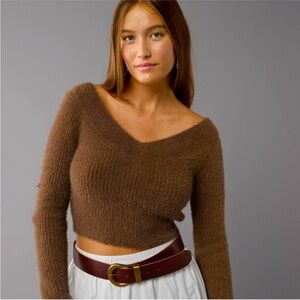 AE Cropped Open knit V-Neck Sweater brown NWT American Eagle, medium